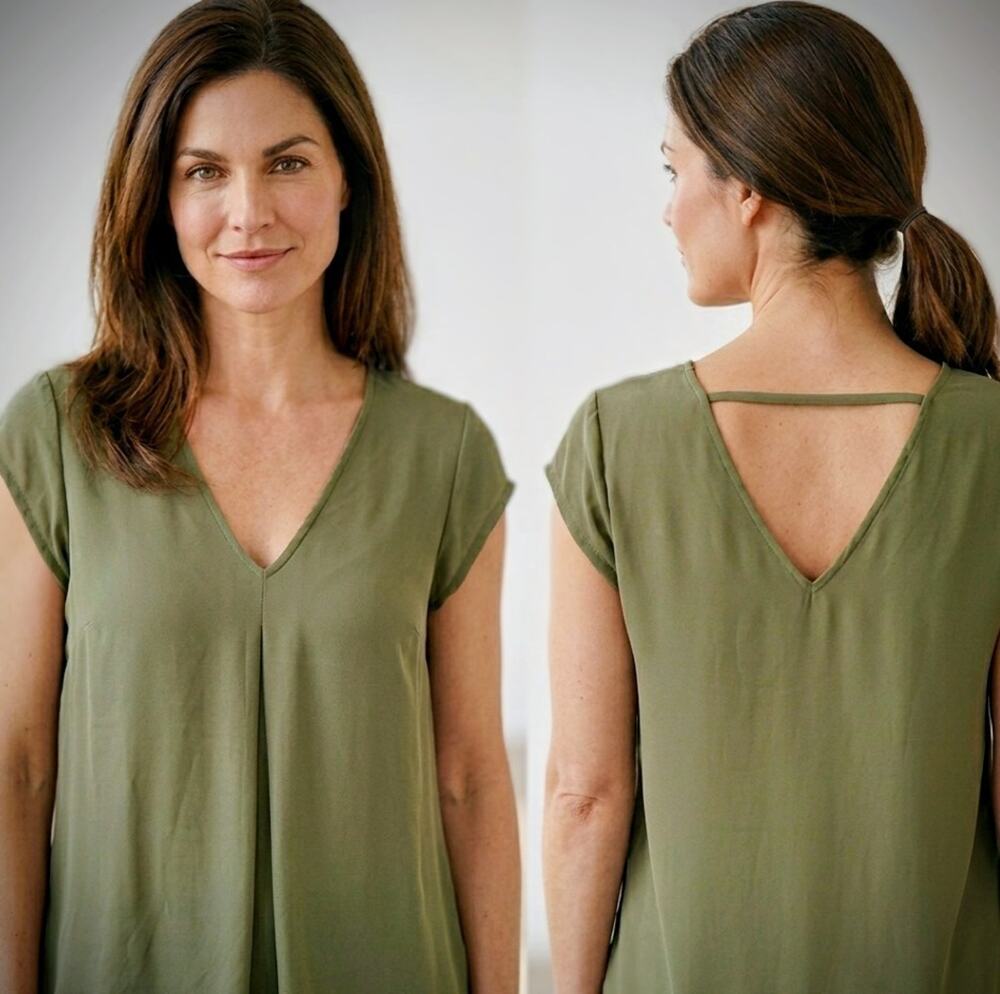 DR2 Womens Blouse Size S Olive Green V-Neck Cap Sleeve Pleated Front Top